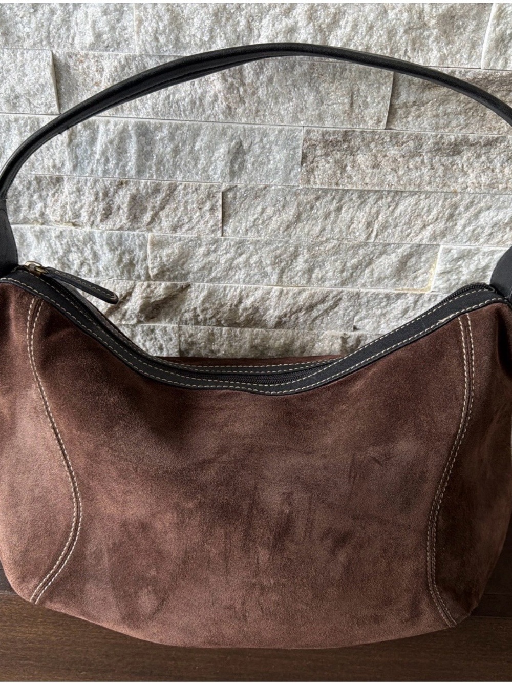 Cole Haan Brown Suede Shoulder Bag with Black Trim